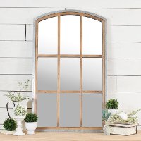 Wood and Metal Window Pane Mirror with Arched Top