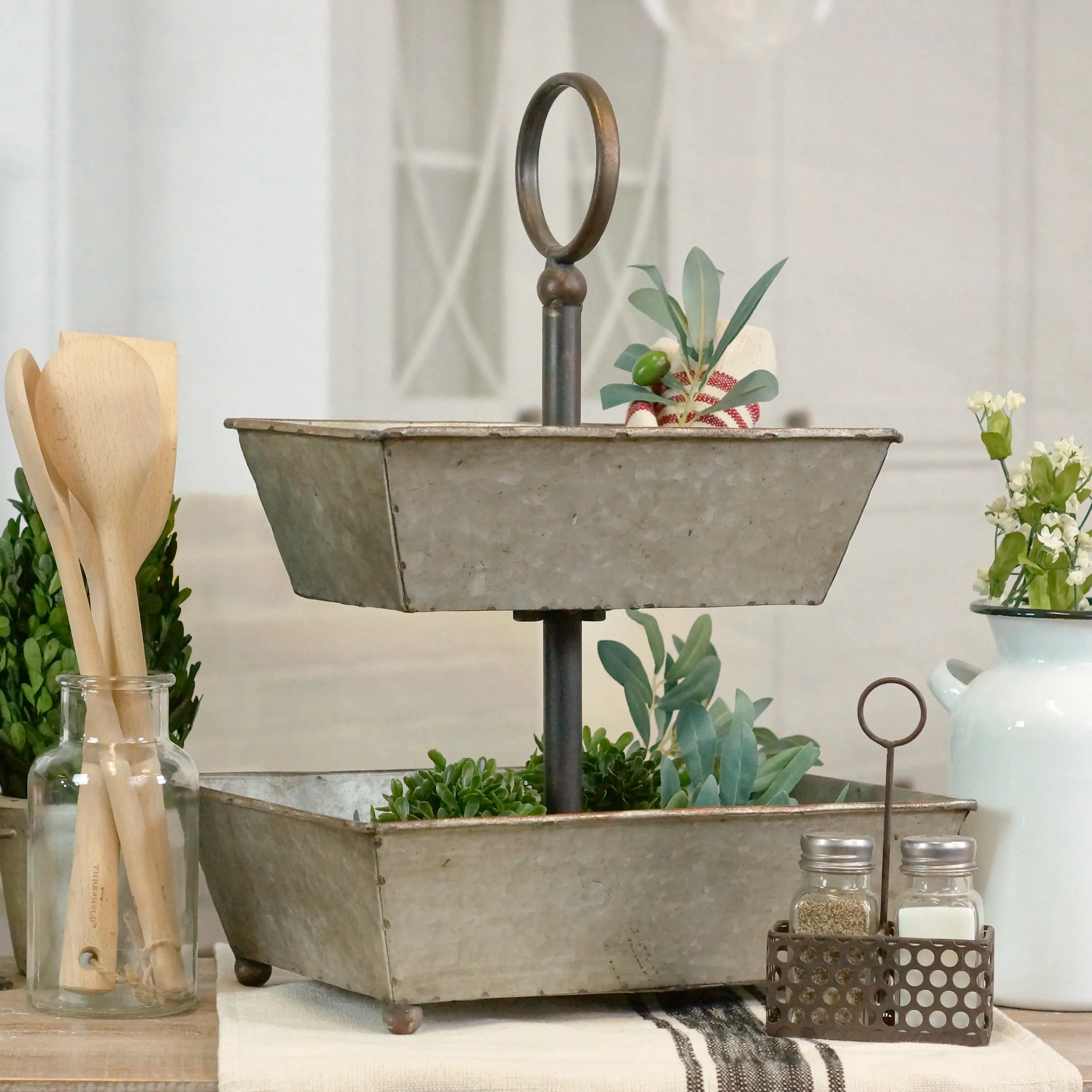 9 Inch Galvanized Metal and Black Two Tier Tray-1