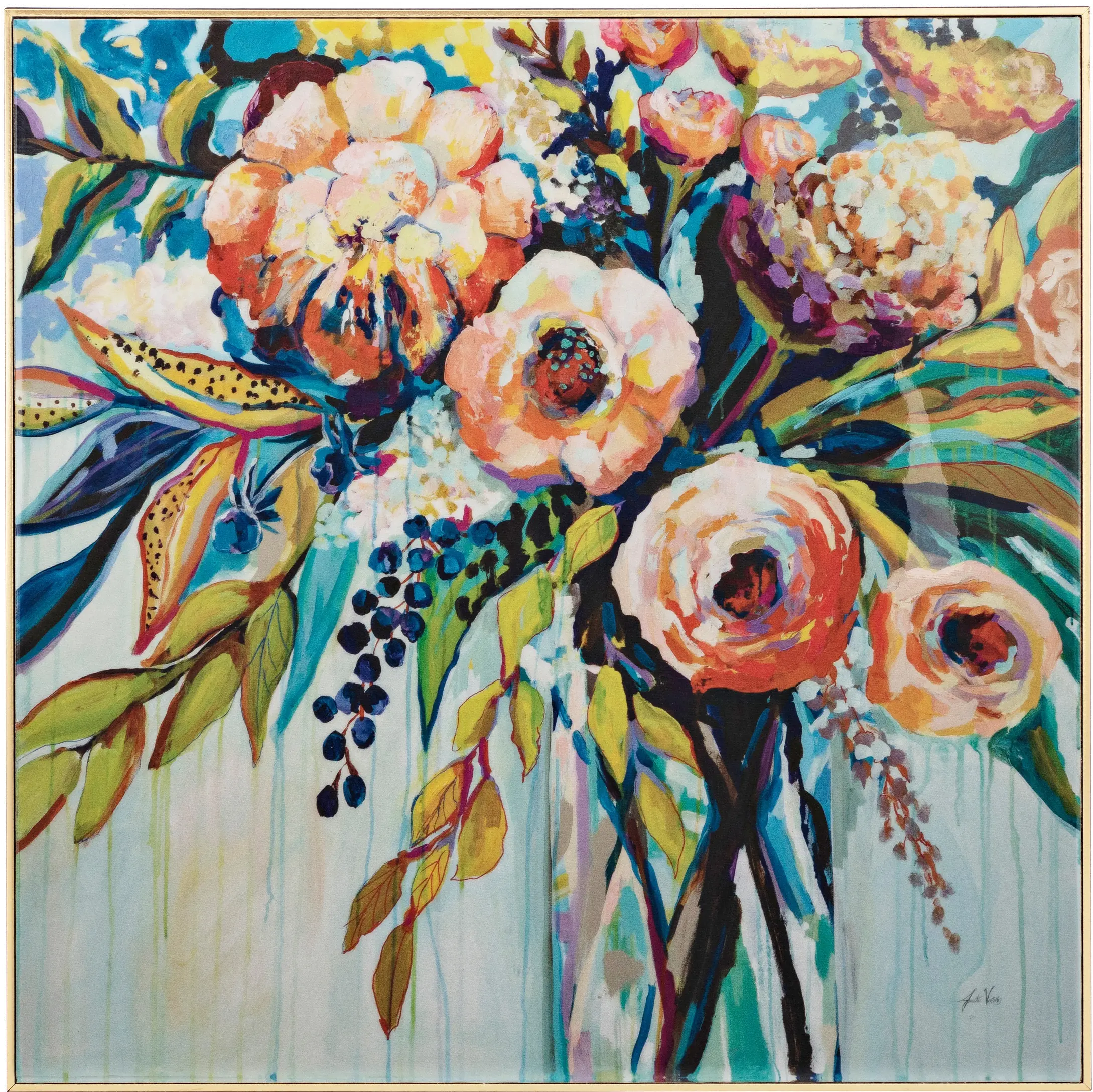 Navy, Green, Yellow and Turquoise Floral Linen Canvas Wall Art-1