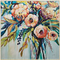 Navy, Green, Yellow and Turquoise Floral Linen Canvas Wall Art