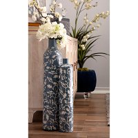 30 Inch Blue Glass Vase with White Florals-2