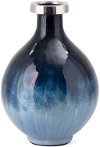 12 Inch Smoky Blue Ombre Glass and Metal Vase