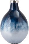 15 Inch Smoky Blue Ombre Glass and Metal Vase