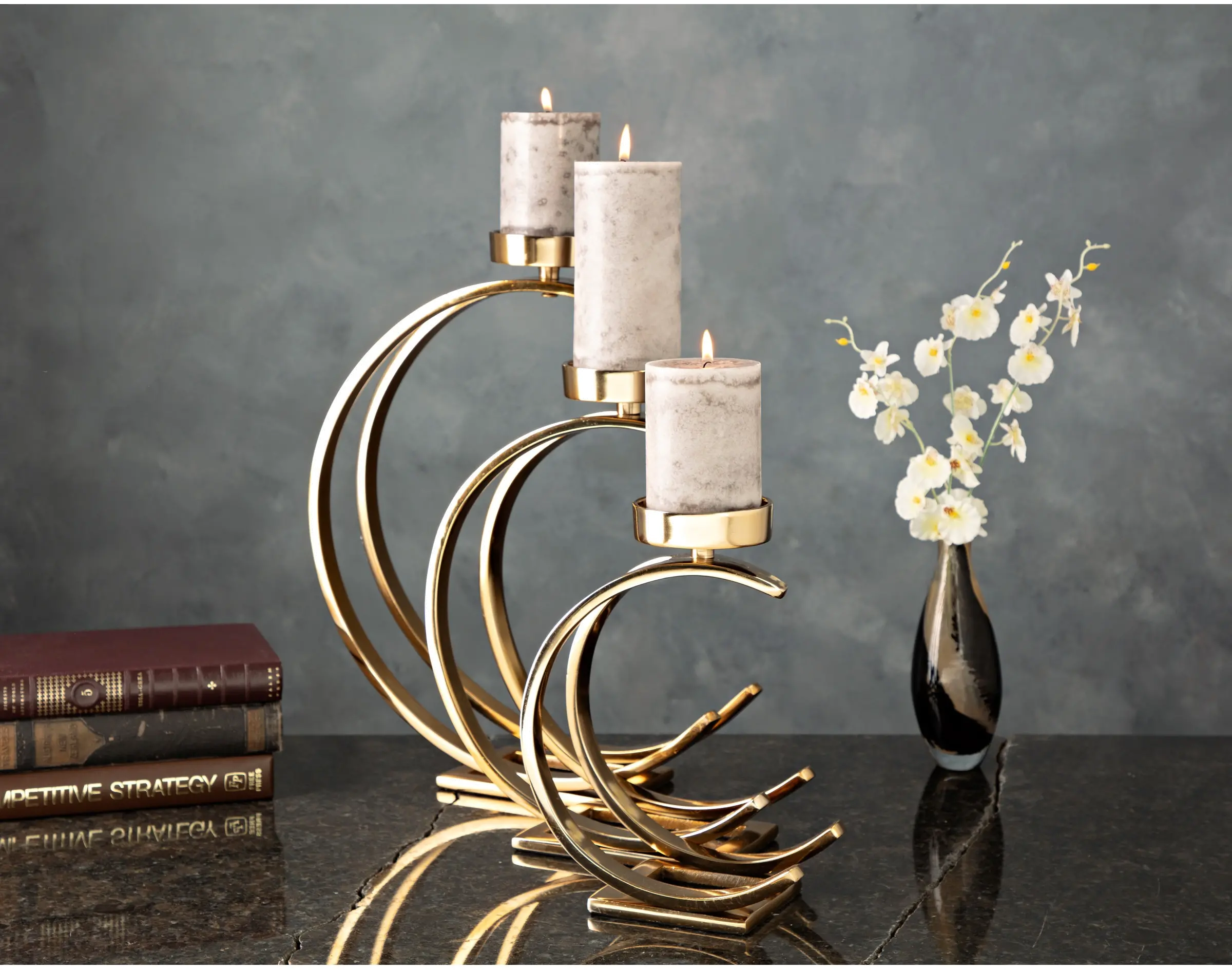 13 Inch Gold Aluminum and Marble Candle Holder-2