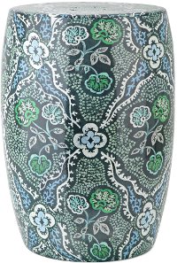 18 Inch Blue and Green Ceramic Floral Garden Stool