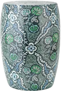 18 Inch Blue and Green Ceramic Floral Garden Stool