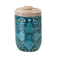 8 Inch Aqua Hand Painted Canister with Wood Lid-2