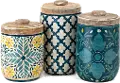 9 Inch White and Aqua Hand Painted Canister with Wood Lid