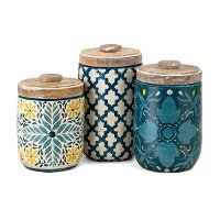 9 Inch White and Aqua Hand Painted Canister with Wood Lid
