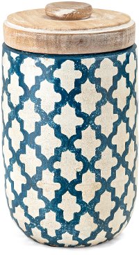 9 Inch White and Aqua Hand Painted Canister with Wood Lid-2