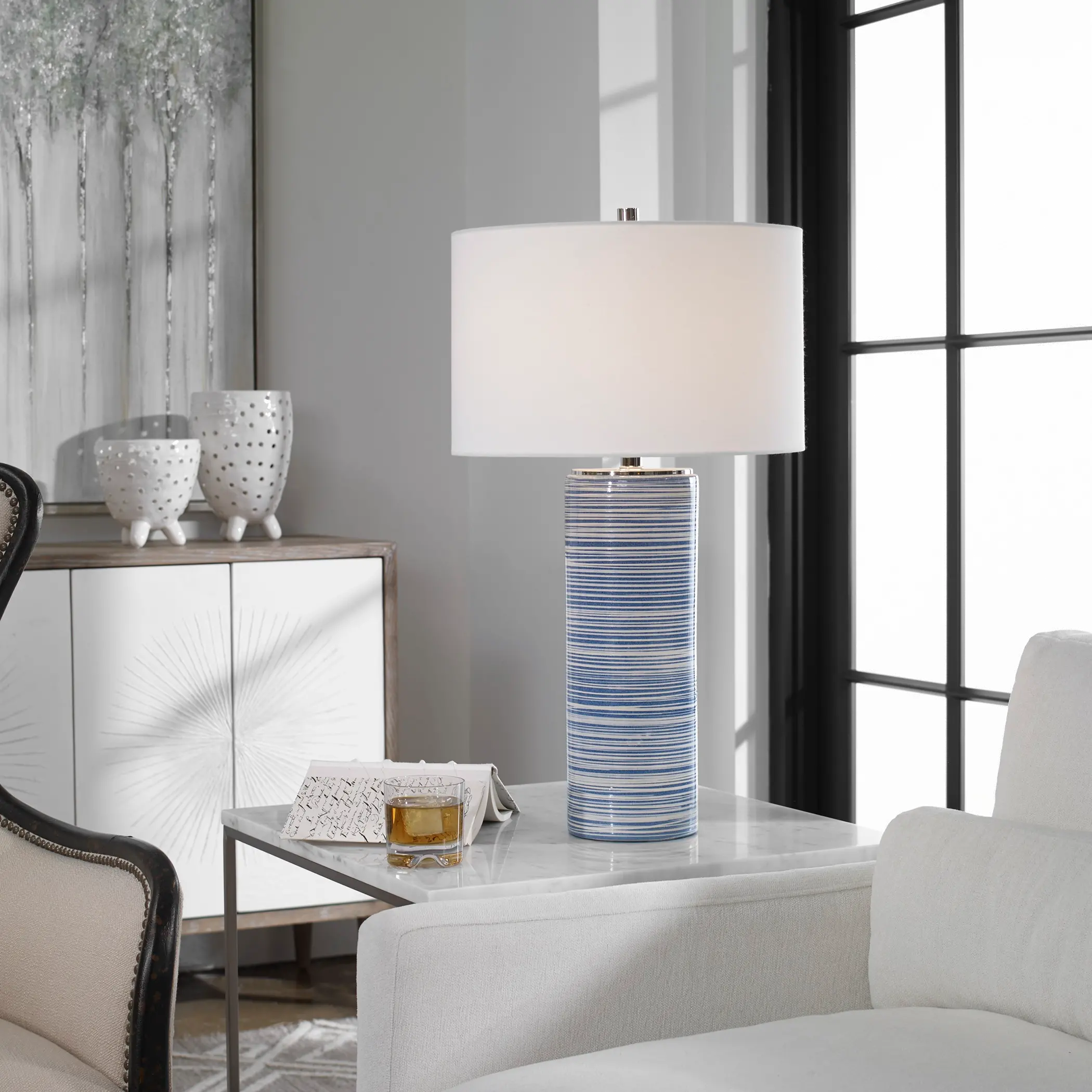 White and Indigo Blue Striped Glaze Ceramic Table Lamp-2
