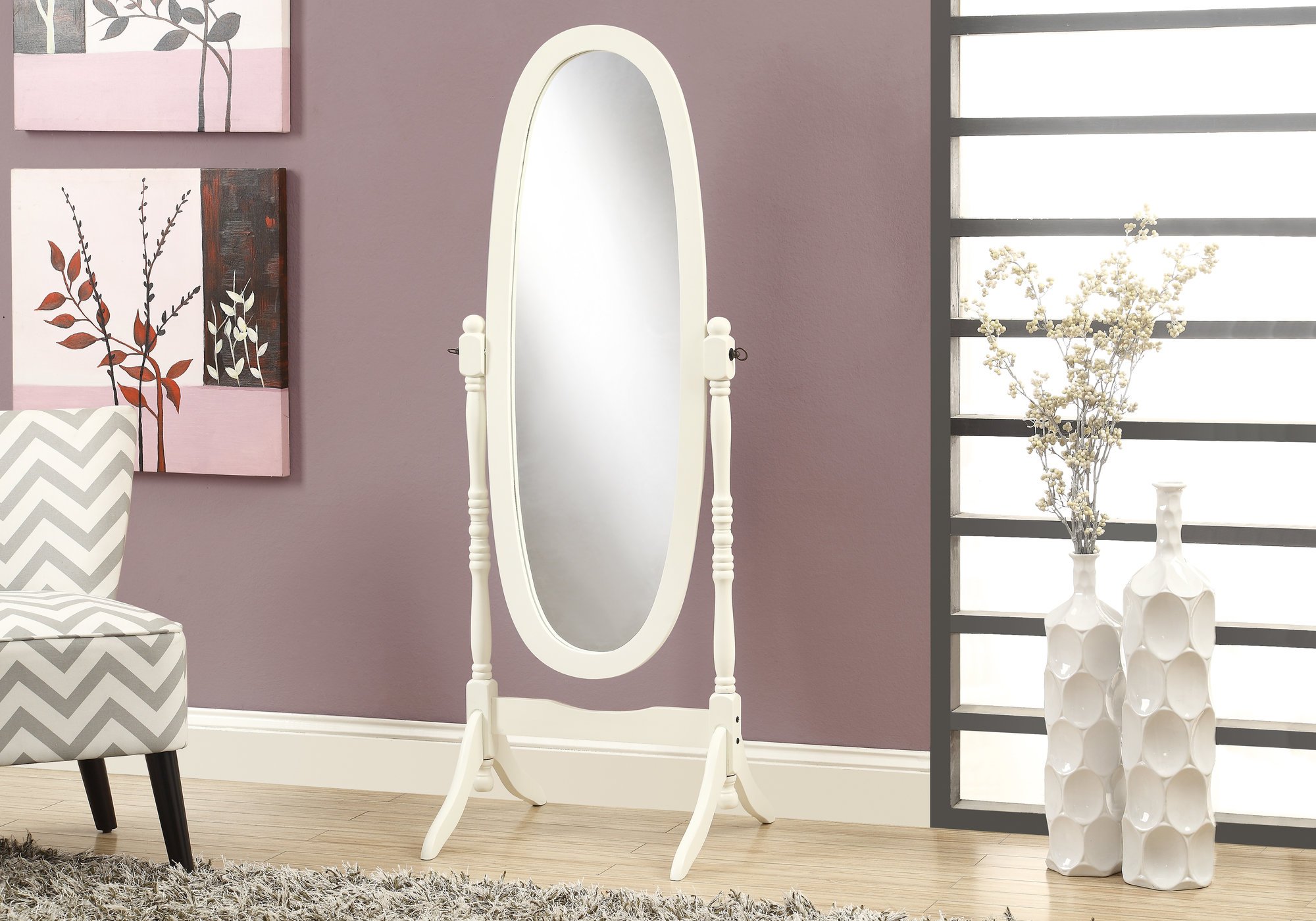 Traditional Antique White Wood Framed Oval Cheval Mirror-1