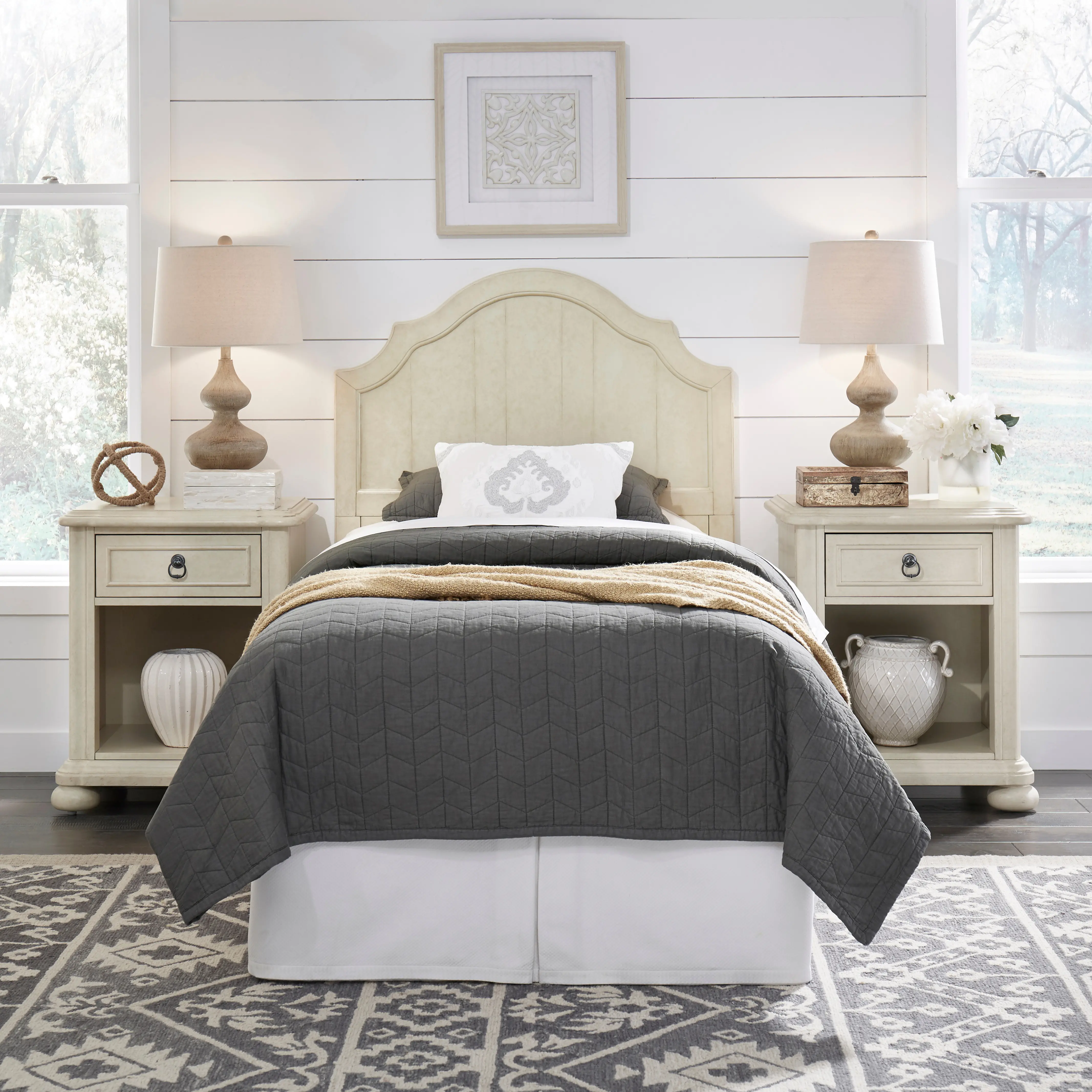 Antiqued White Twin Headboard with 2 Nightstands - Provence-1