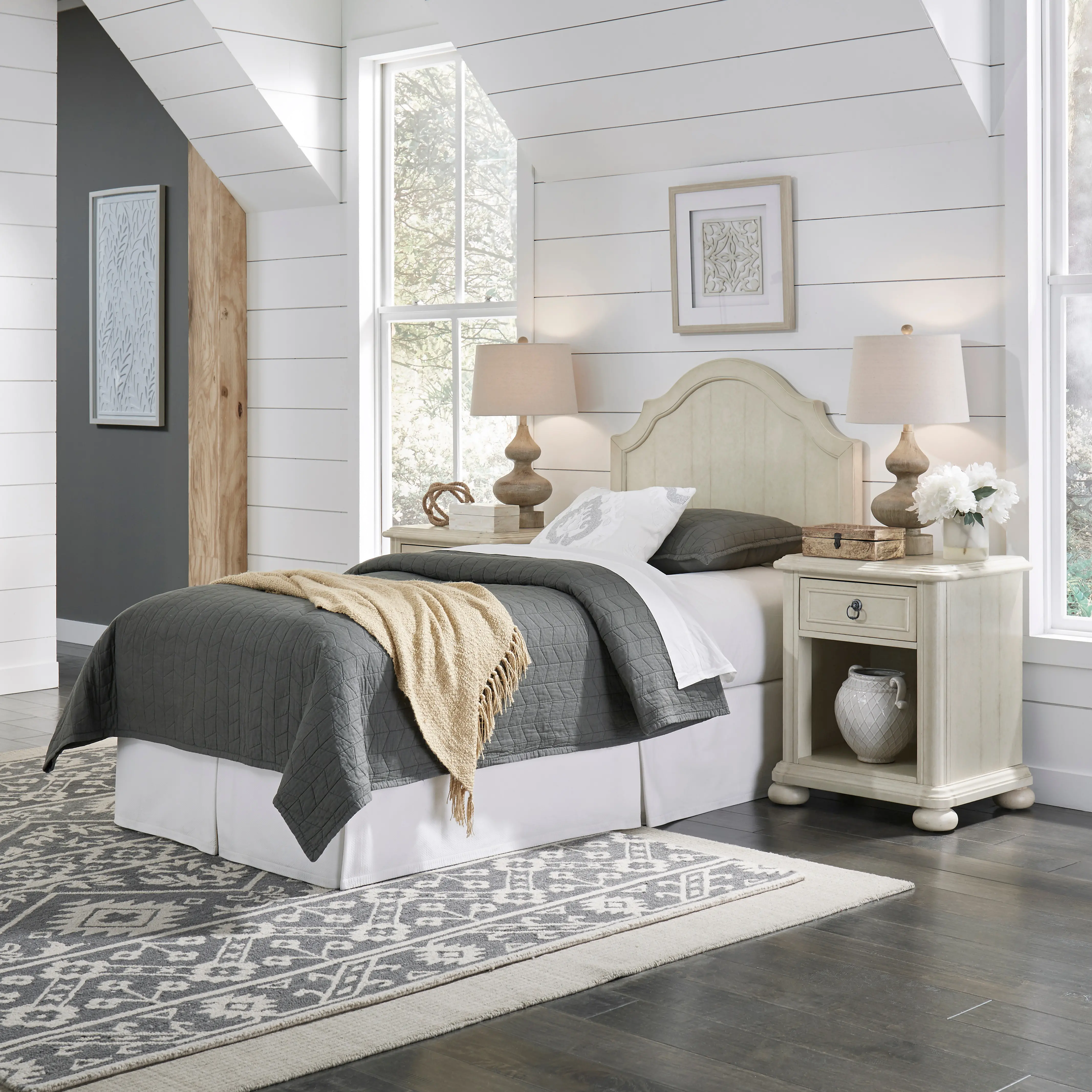 Antiqued White Twin Headboard with 2 Nightstands - Provence-2