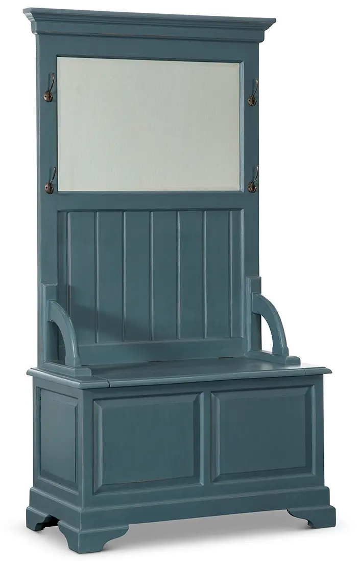 Distressed Blue Hall Tree Stand with Lift Up Storage Bench-1