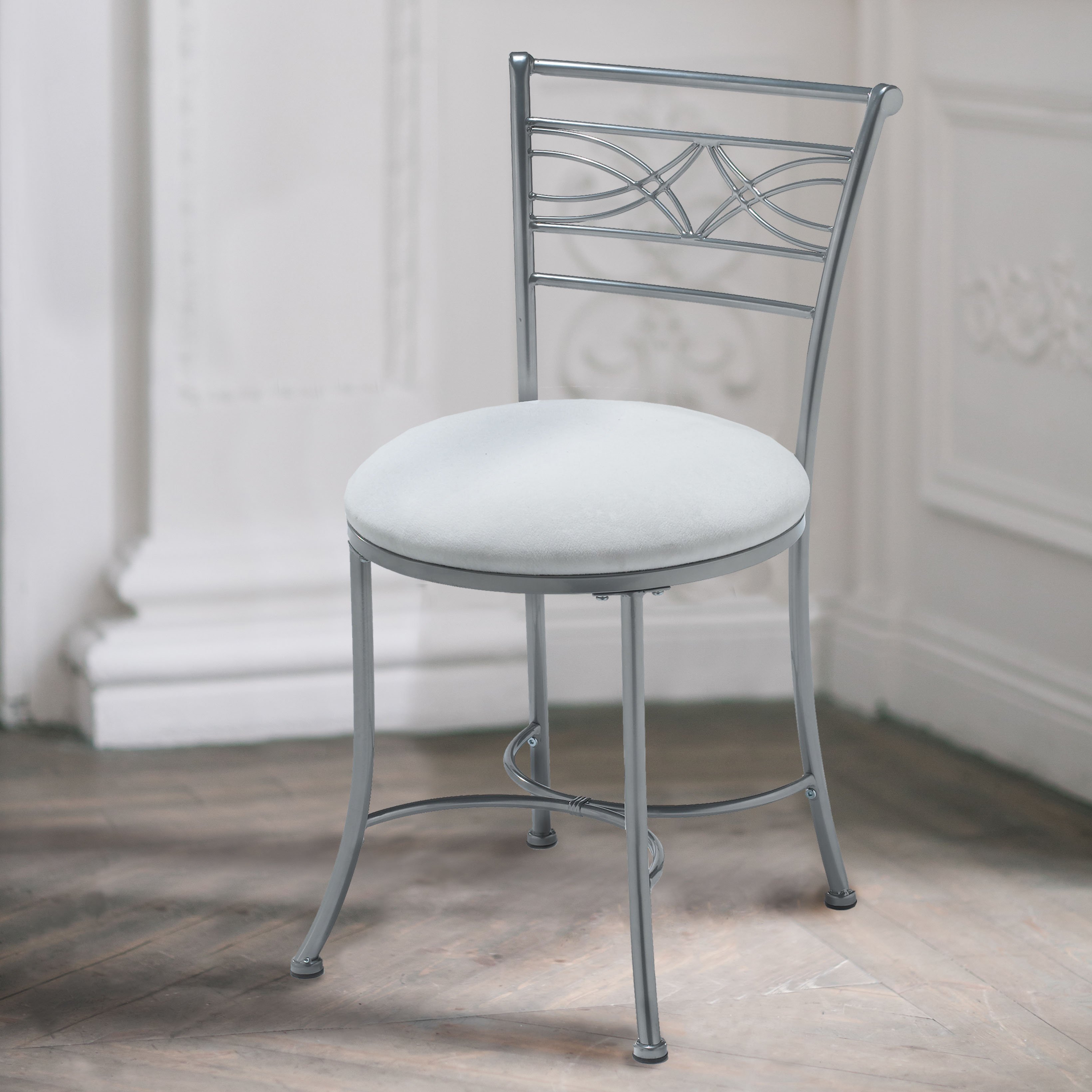 Chrome-Look Powder Coat and White Vanity Stool - Dutton-1