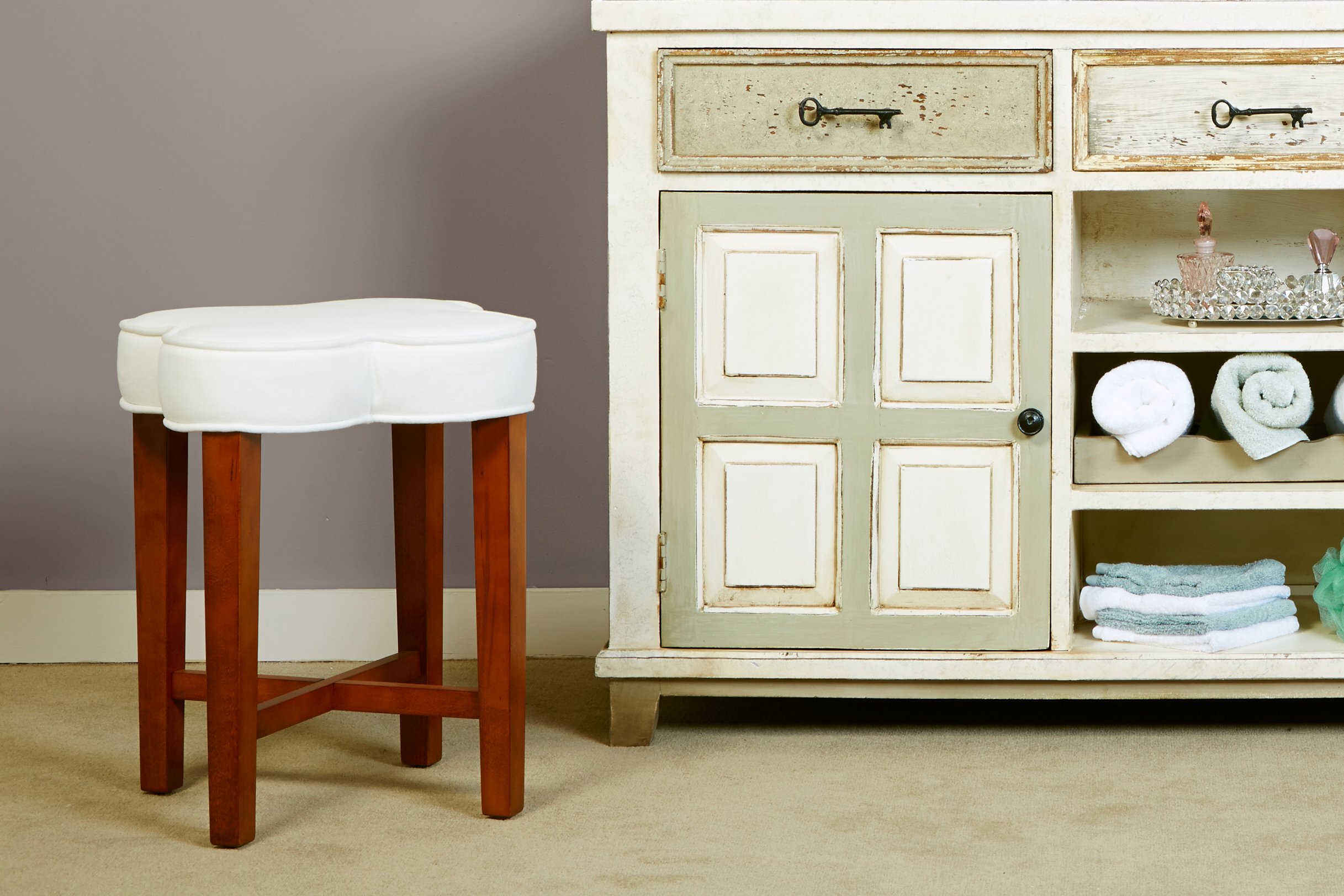Transitional White and Cherry Clover Vanity Stool-1