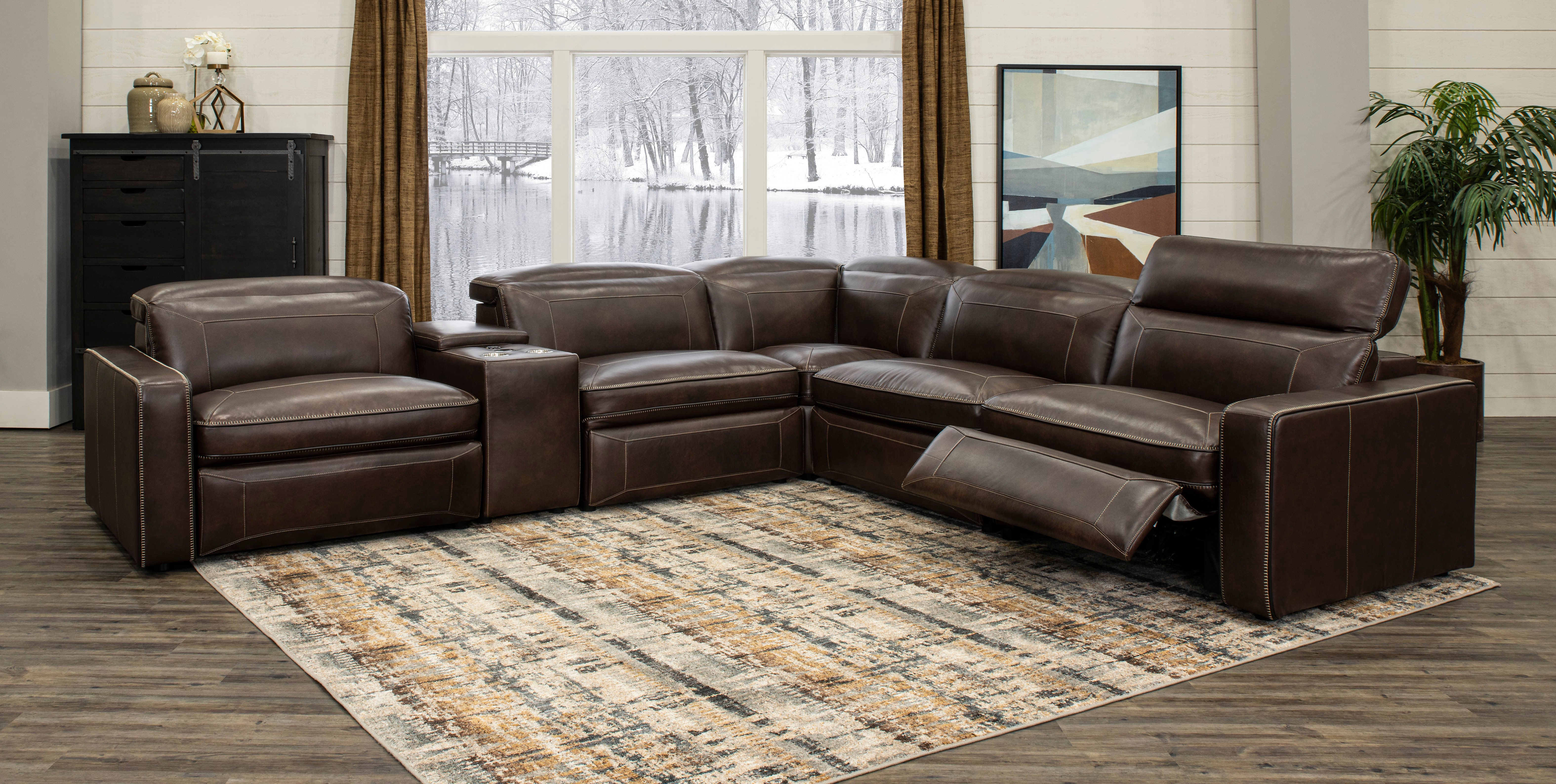Chocolate Brown Leather 6 Piece Power Reclining Sectional - Spaces-2