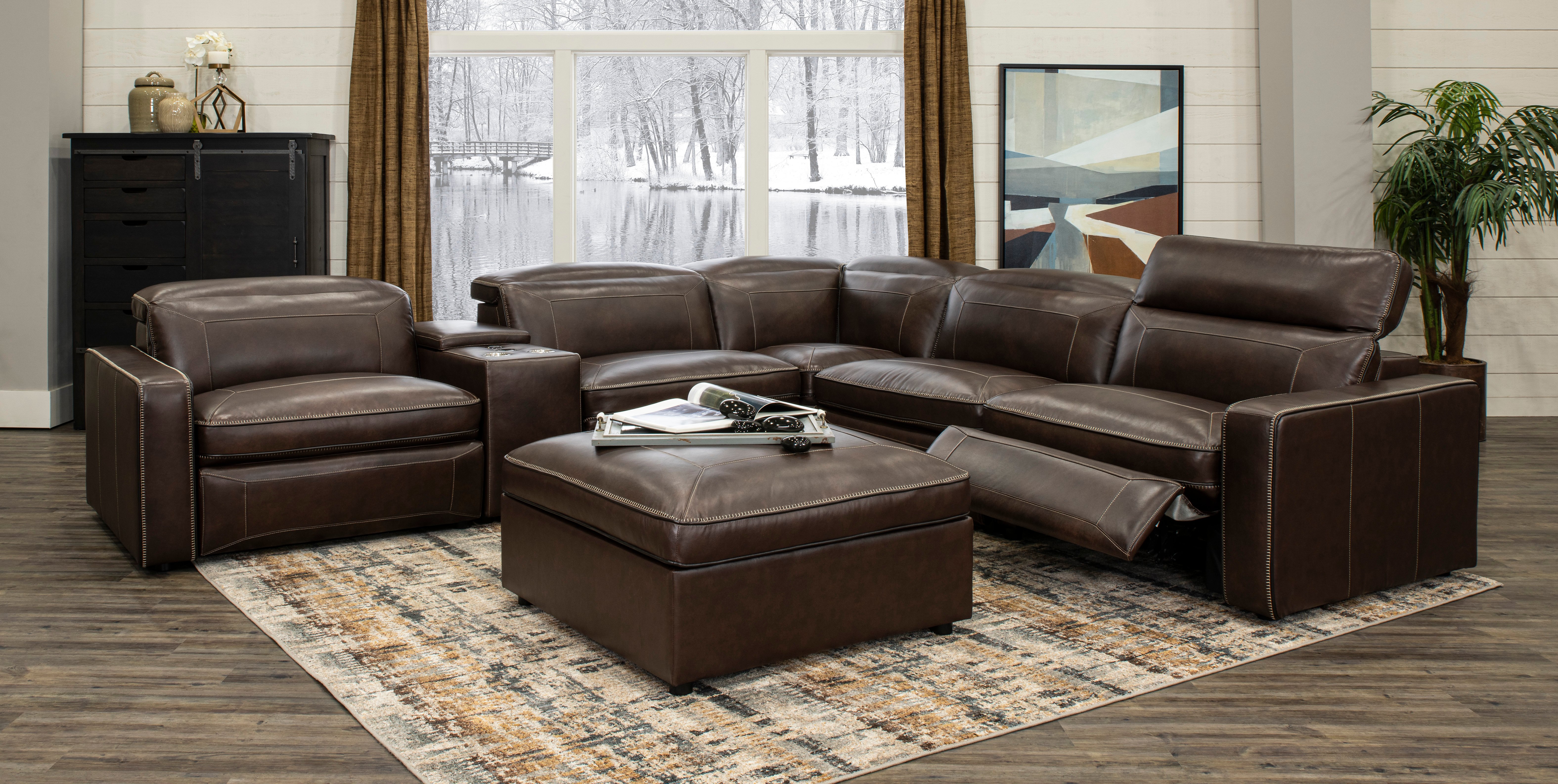 Chocolate Brown Leather 6 Piece Power Reclining Sectional - Spaces-5