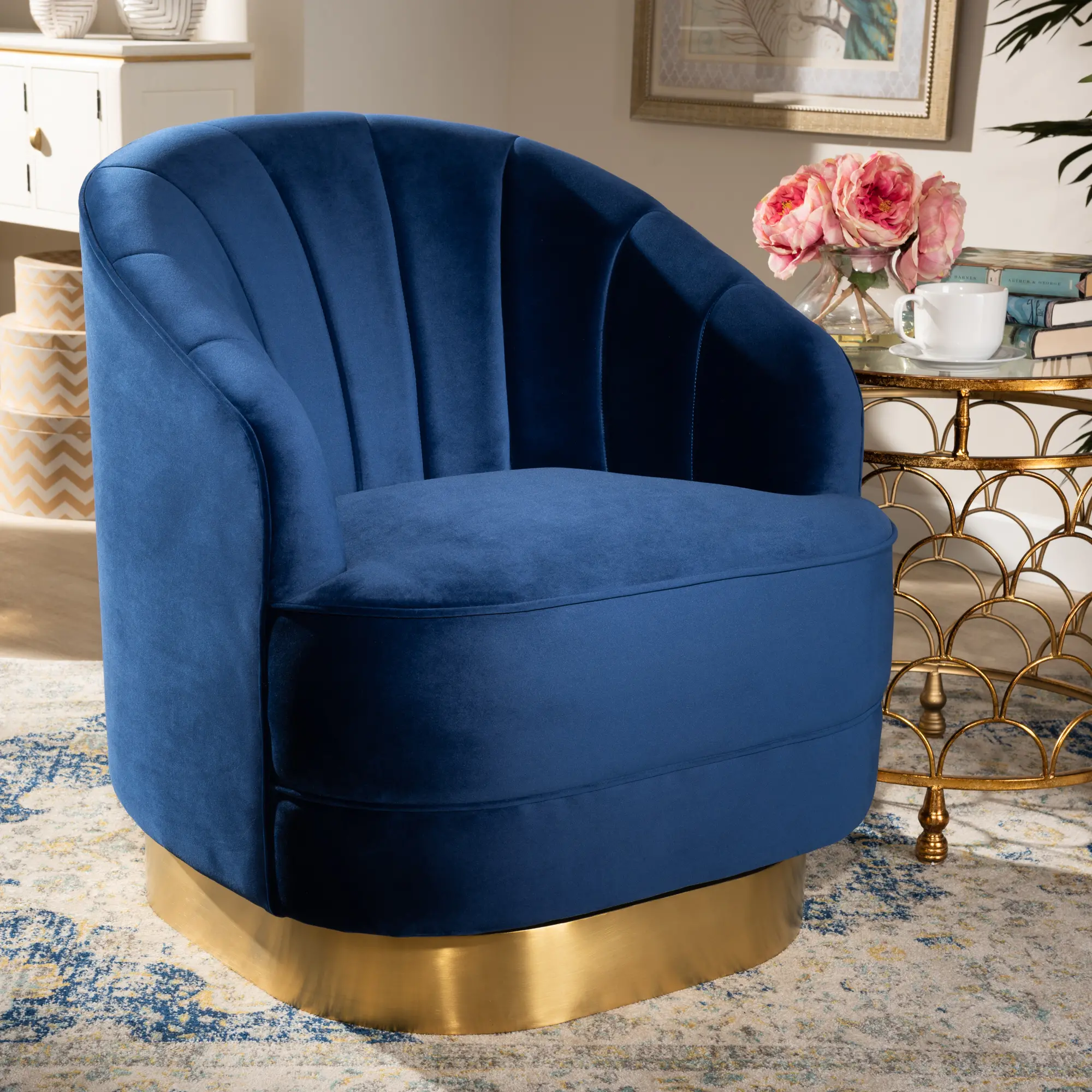 Glam Royal Blue Velvet Upholstered Swivel Chair with Brushed Gold-1