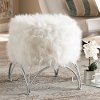 161-10270-RCW Modern White Faux Fur Upholstered Silver Metal Ottoman - Edith
