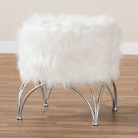 Modern White Faux Fur Upholstered Silver Metal Ottoman - Edith-2