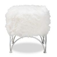 Modern White Faux Fur Upholstered Silver Metal Ottoman - Edith-4