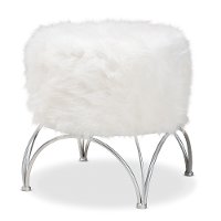 Modern White Faux Fur Upholstered Silver Metal Ottoman - Edith-7