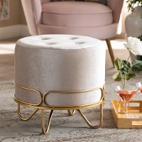 Glamour Beige Velvet Upholstered Ottoman with Gold Metal Frame