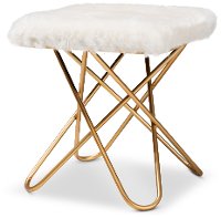 Glam White Faux Fur Upholstered Ottoman with Gold Finish - Jodene