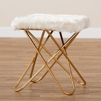 Glam White Faux Fur Upholstered Ottoman with Gold Finish - Jodene-3