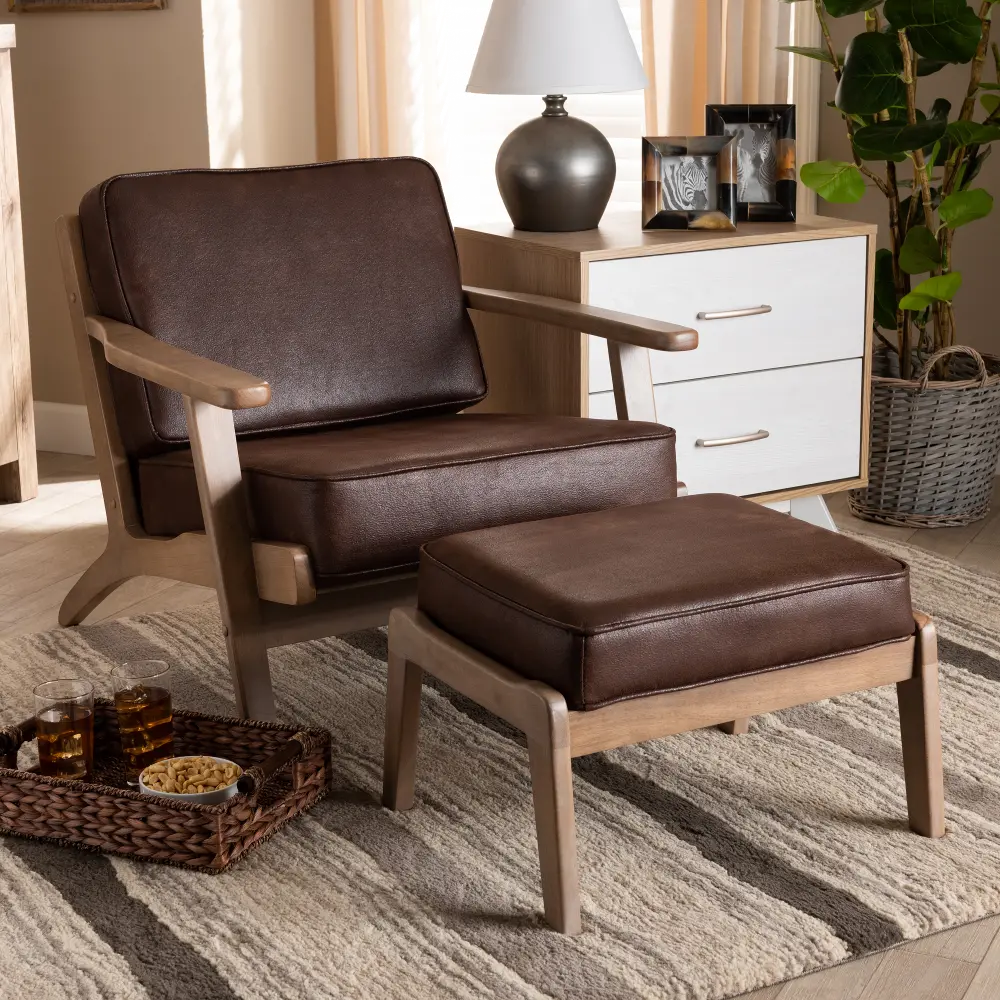 162-10567-10405-RCW Petra Mid Century Modern Brown Chair and Ottoman Set-1