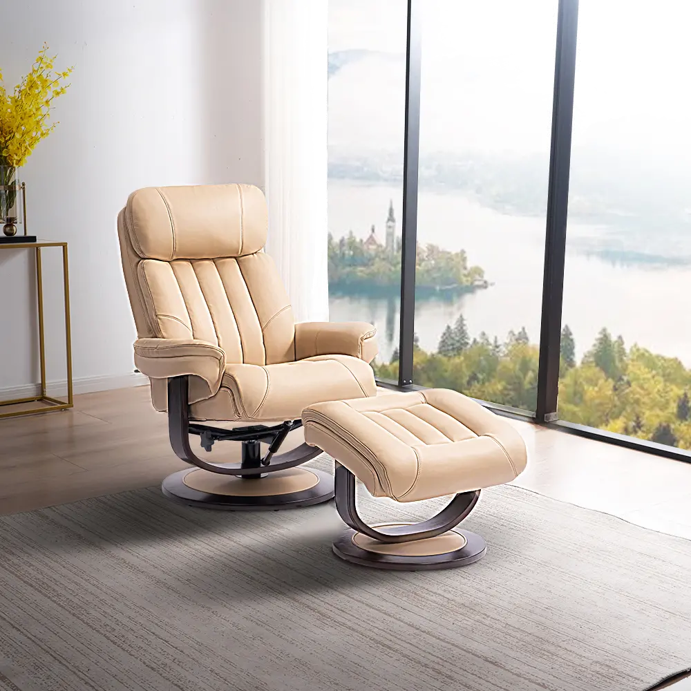Ivory Leather Pedestal Recliner with Matching Ottoman - Moab-1