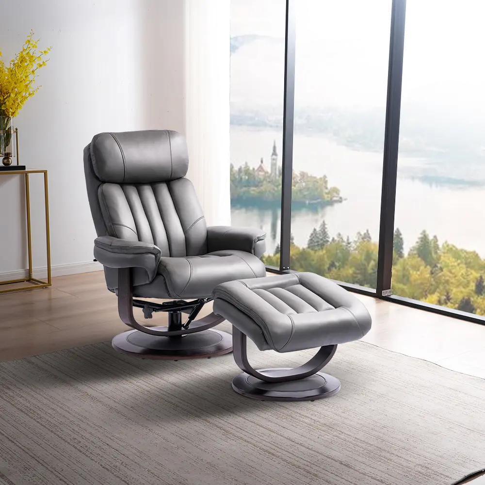 Moab Gray Leather Pedestal Recliner with Matching Ottoman-1
