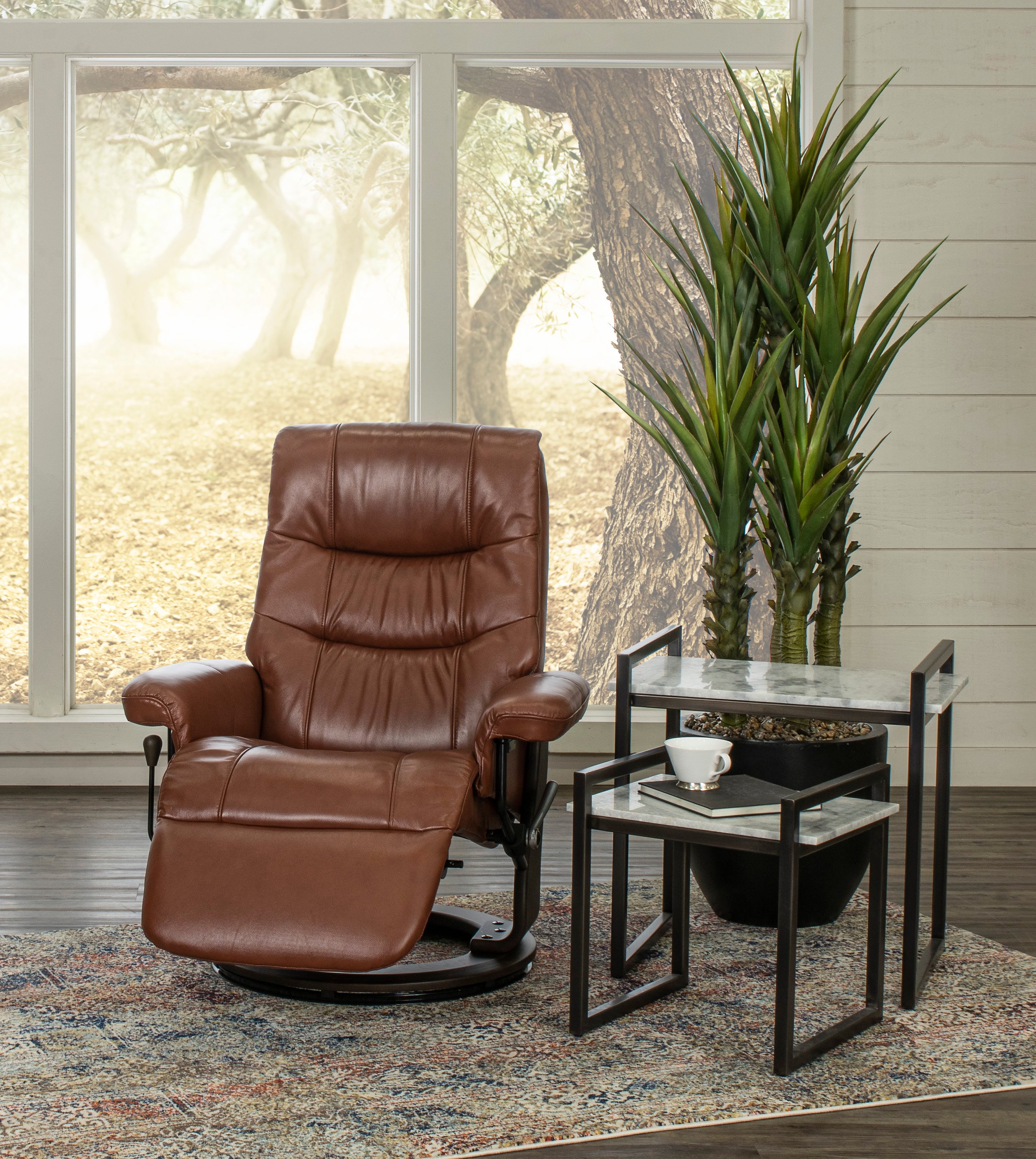 Cognac Leather Swivel Recliner - Flip-Up-4