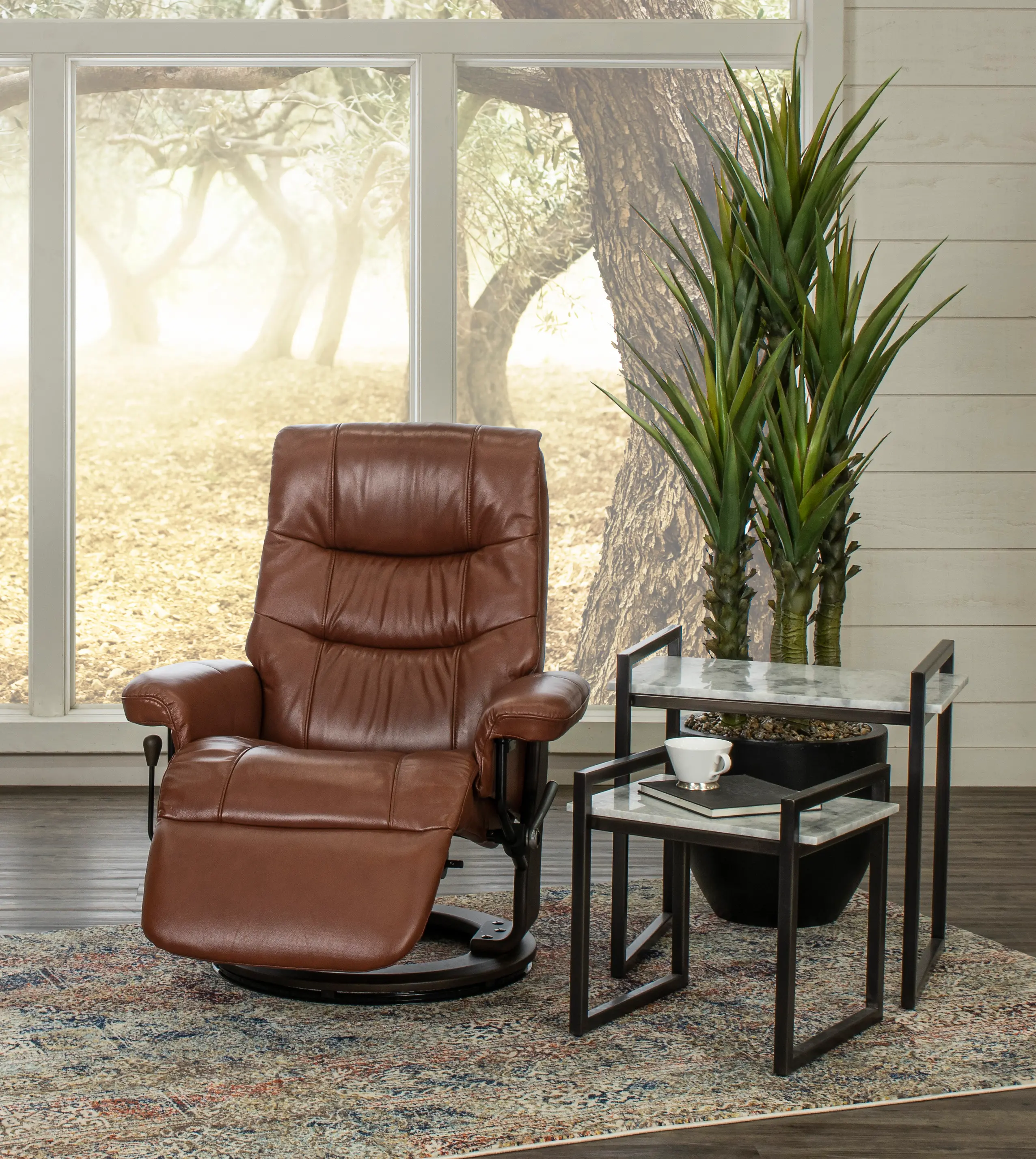 Flip-Up Cognac Leather Swivel Recliner-4