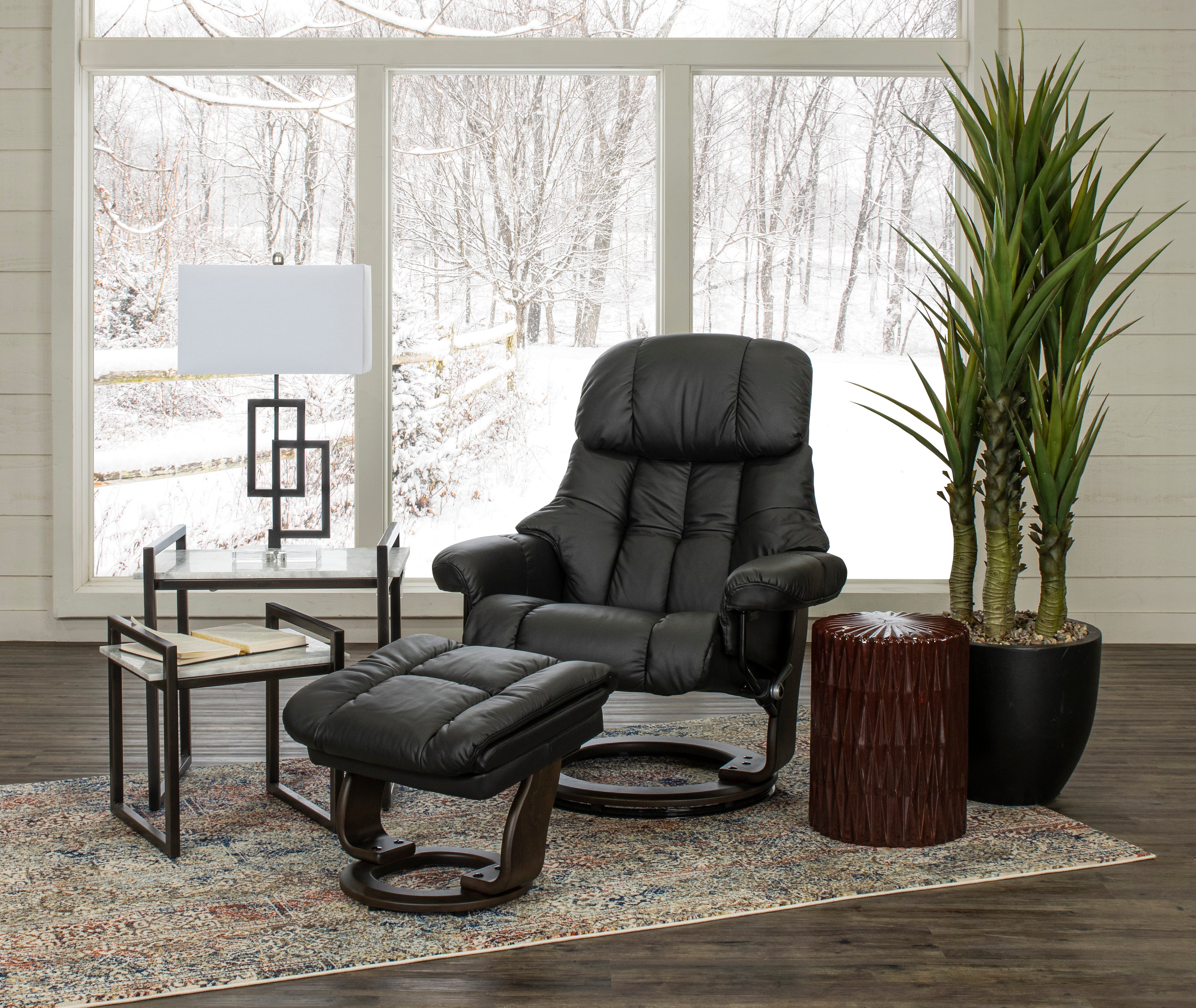 Black Leather Recliner with Storage Ottoman - Zen-2