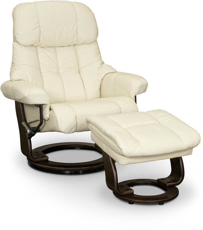 snow white leather recliner with storage ottoman zen rc willey furniture store
