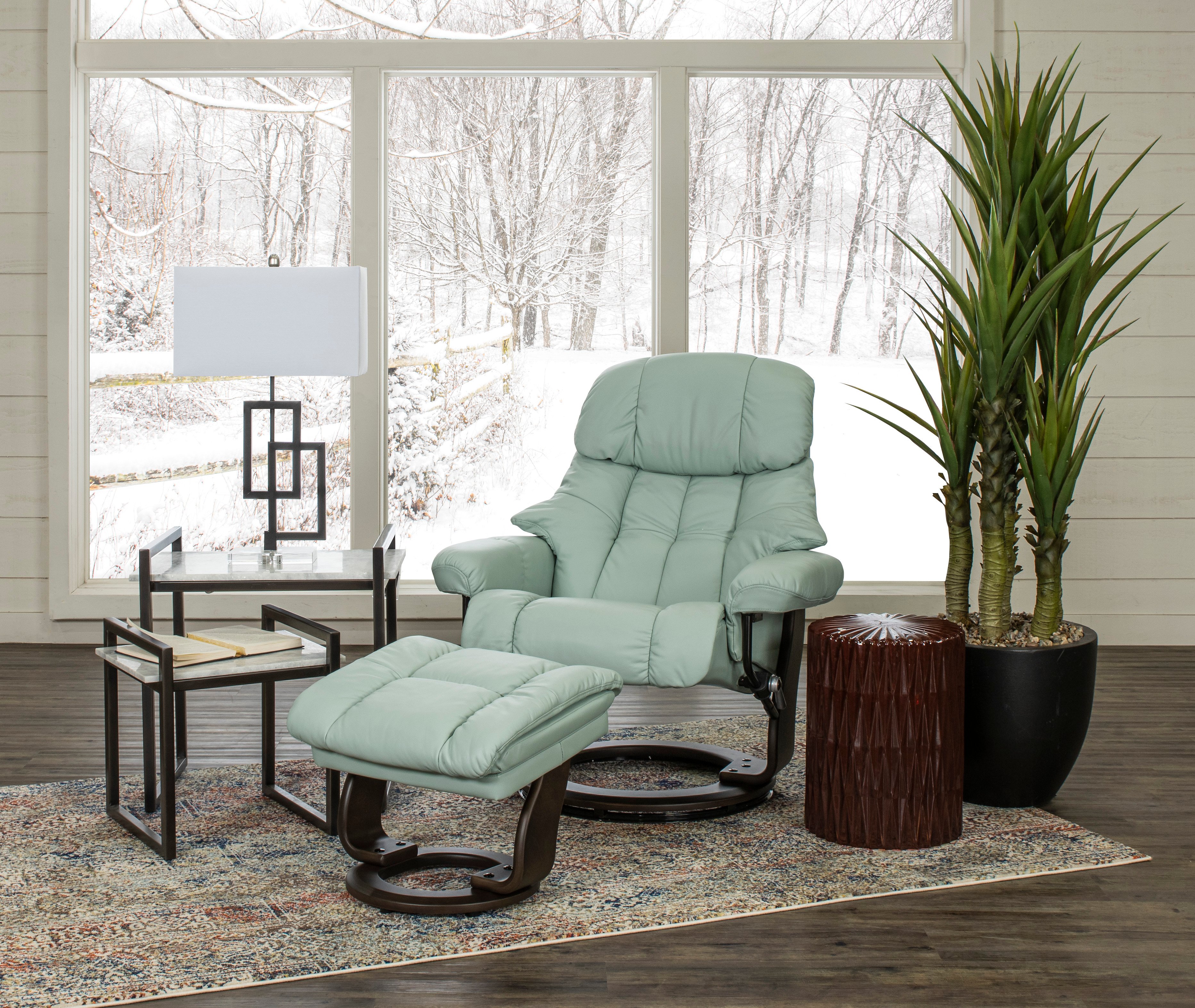 Pastel Blue Leather Recliner with Storage Ottoman - Zen-5