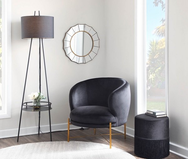LS-TRIDENT BKBK Contemporary Black Floor Lamp with Linen Shade and Metal Shelf-1