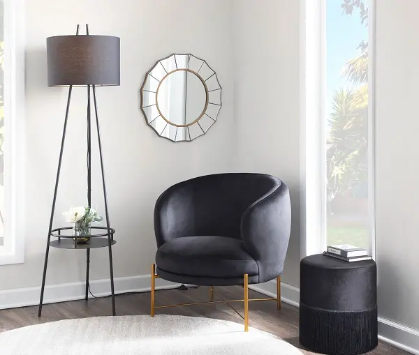 LS-TRIDENT BKBK Contemporary Black Floor Lamp with Linen Shade and Metal Shelf-1
