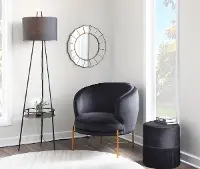 LS-TRIDENT BKBK Contemporary Black Floor Lamp with Linen Shade and Metal Shelf
