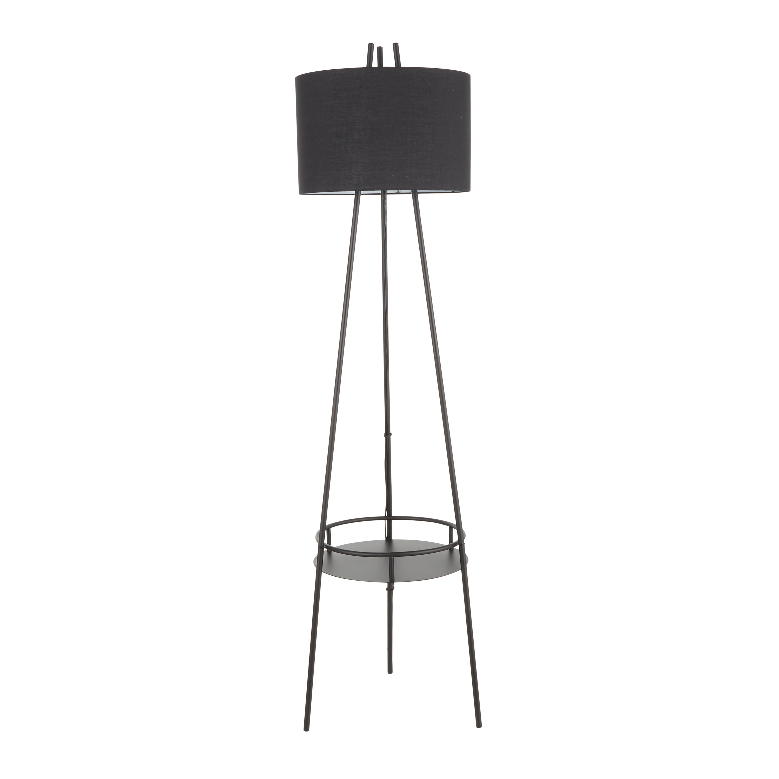 LS-TRIDENT BKBK Contemporary Black Floor Lamp with Linen Shade and Metal Shelf-3