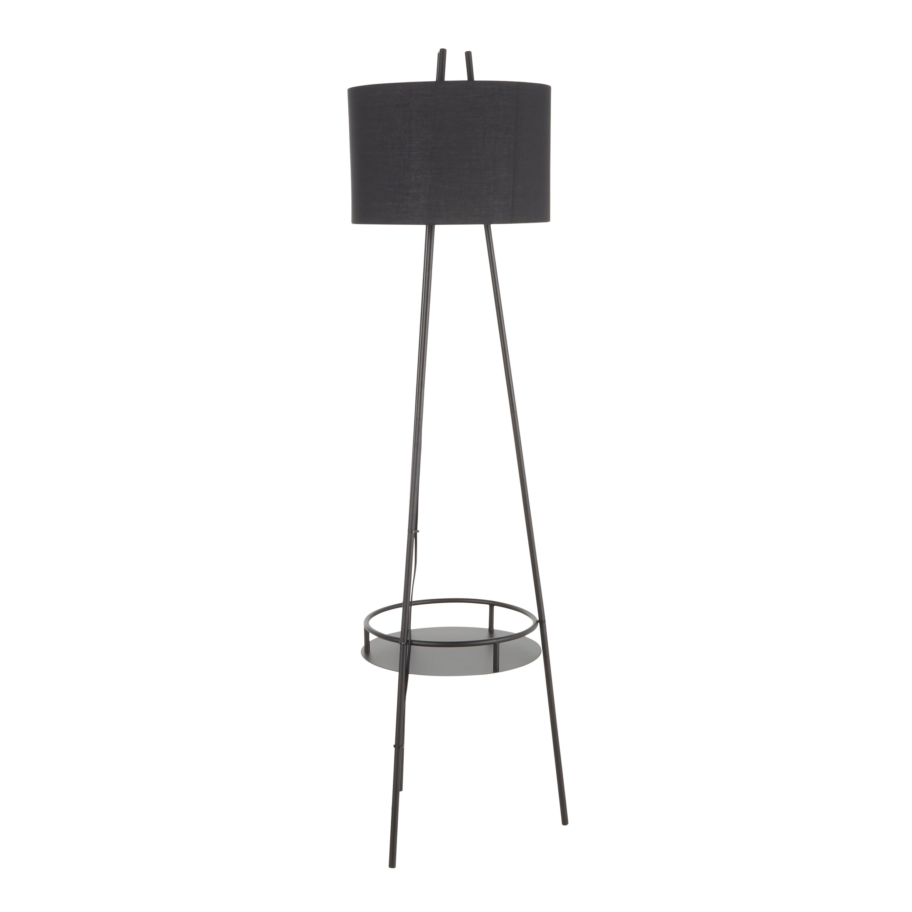 LS-TRIDENT BKBK Contemporary Black Floor Lamp with Linen Shade and Metal Shelf-4