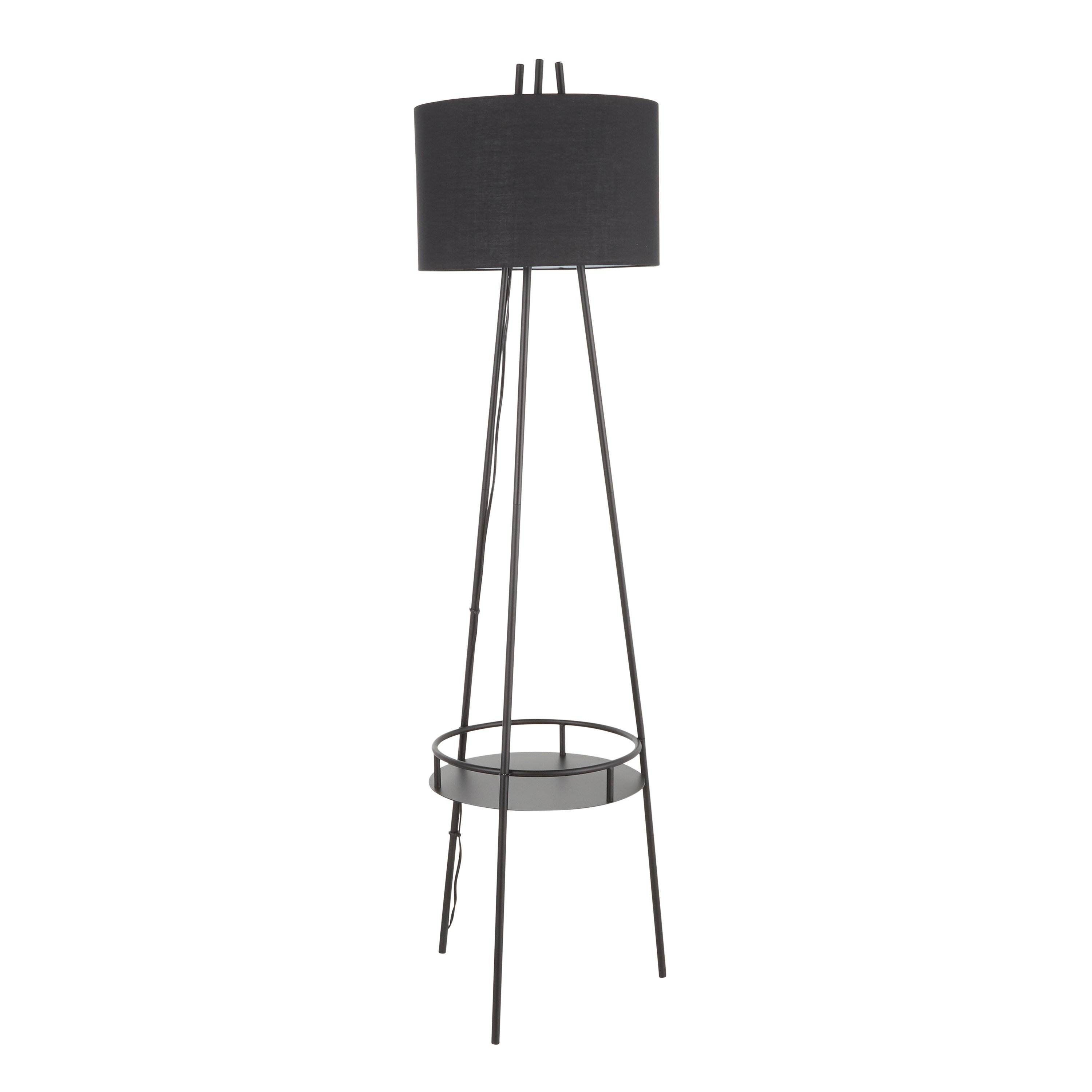 LS-TRIDENT BKBK Contemporary Black Floor Lamp with Linen Shade and Metal Shelf-5