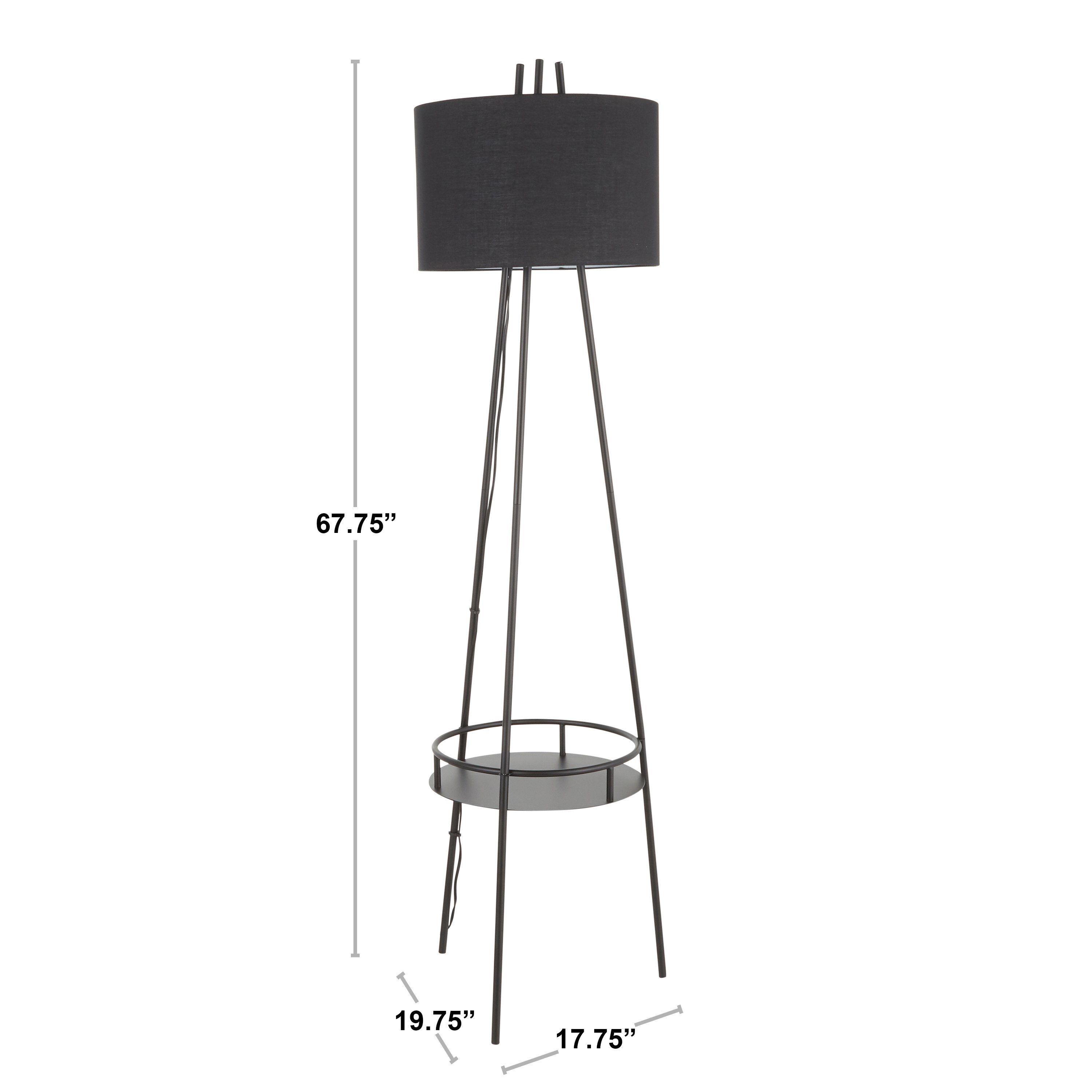 LS-TRIDENT BKBK Contemporary Black Floor Lamp with Linen Shade and Metal Shelf-6