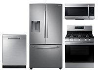 KIT Samsung 4 Piece Gas Kitchen Appliance Package with French Door Refrigerator and Gas Range - Stainless Steel