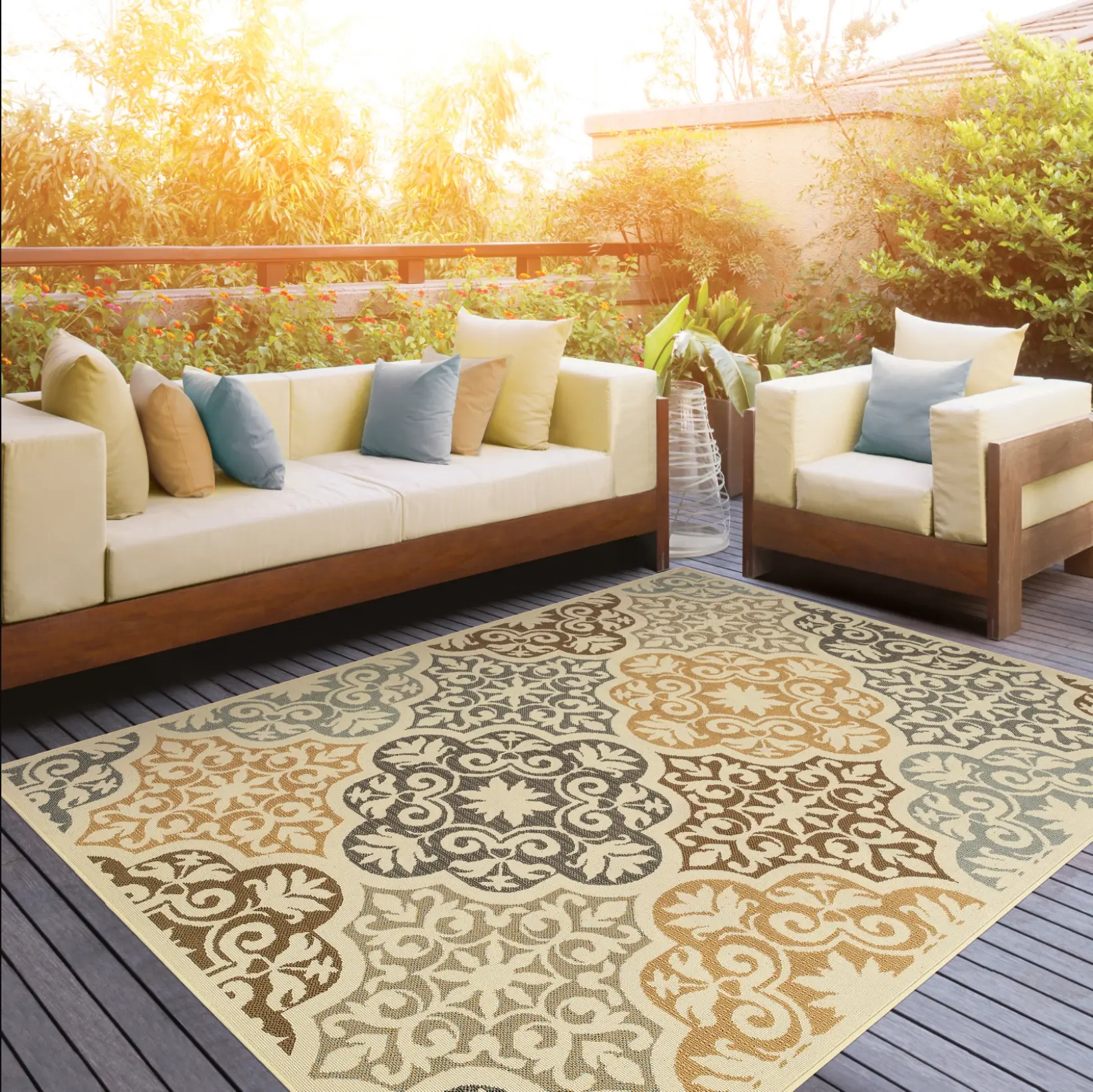 5 x 8 Medium Ivory, Blue, and Gold Indoor-Outdoor Rug - Bali-2