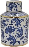 7 Inch Blue and White Jar with Gold Accents