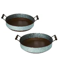 15 Inch Silver Blue and Brown Round Metal Serving Tray